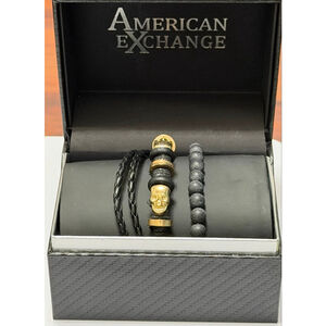 American Exchange Men's Black Gold Skull Bracelets